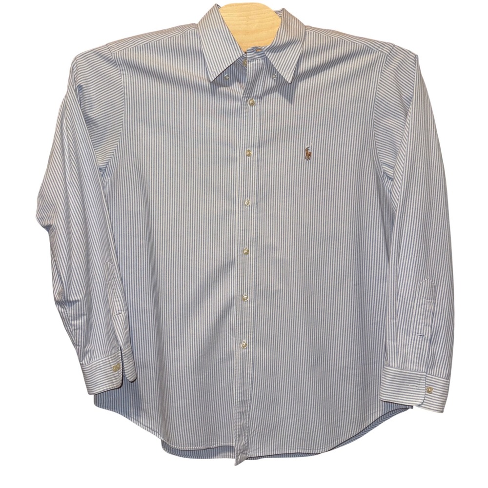 Ralph Lauren Button Down Shirt 17 34/35 Blue White Striped Classic Fit Oxford XL